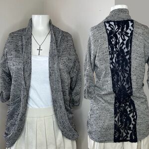 Free Kisses rare Gray Cardigan with Black Lace Back